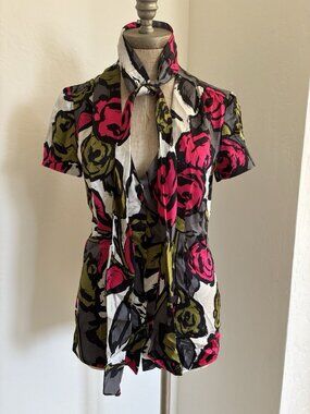 Trina Turk Women Floral V-Neck 100% Silk Blouse Top Shirt Floral Rose Size 2